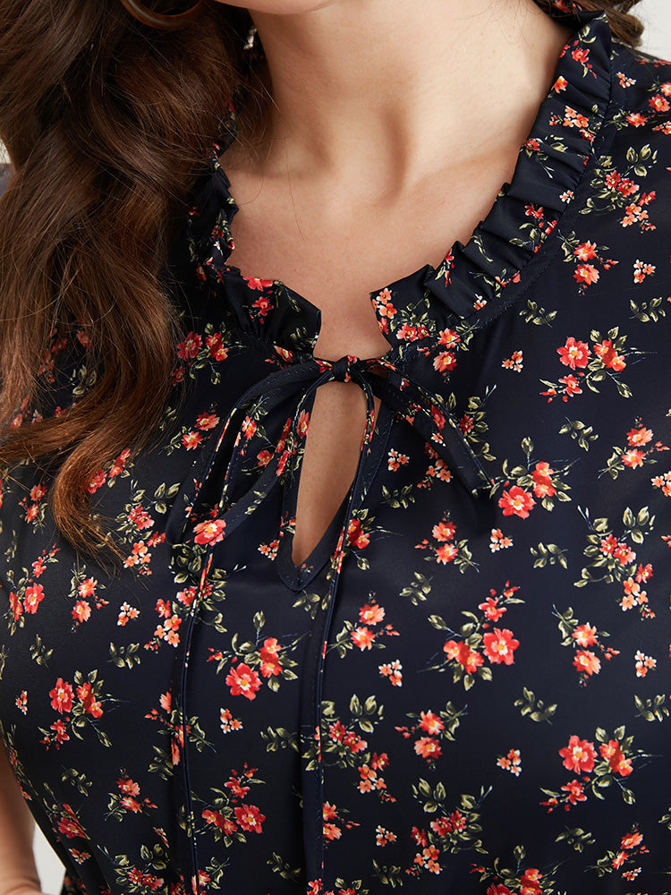 Ditsy Floral Frill Trim Tie Neck Pocket Arc Hem Dress