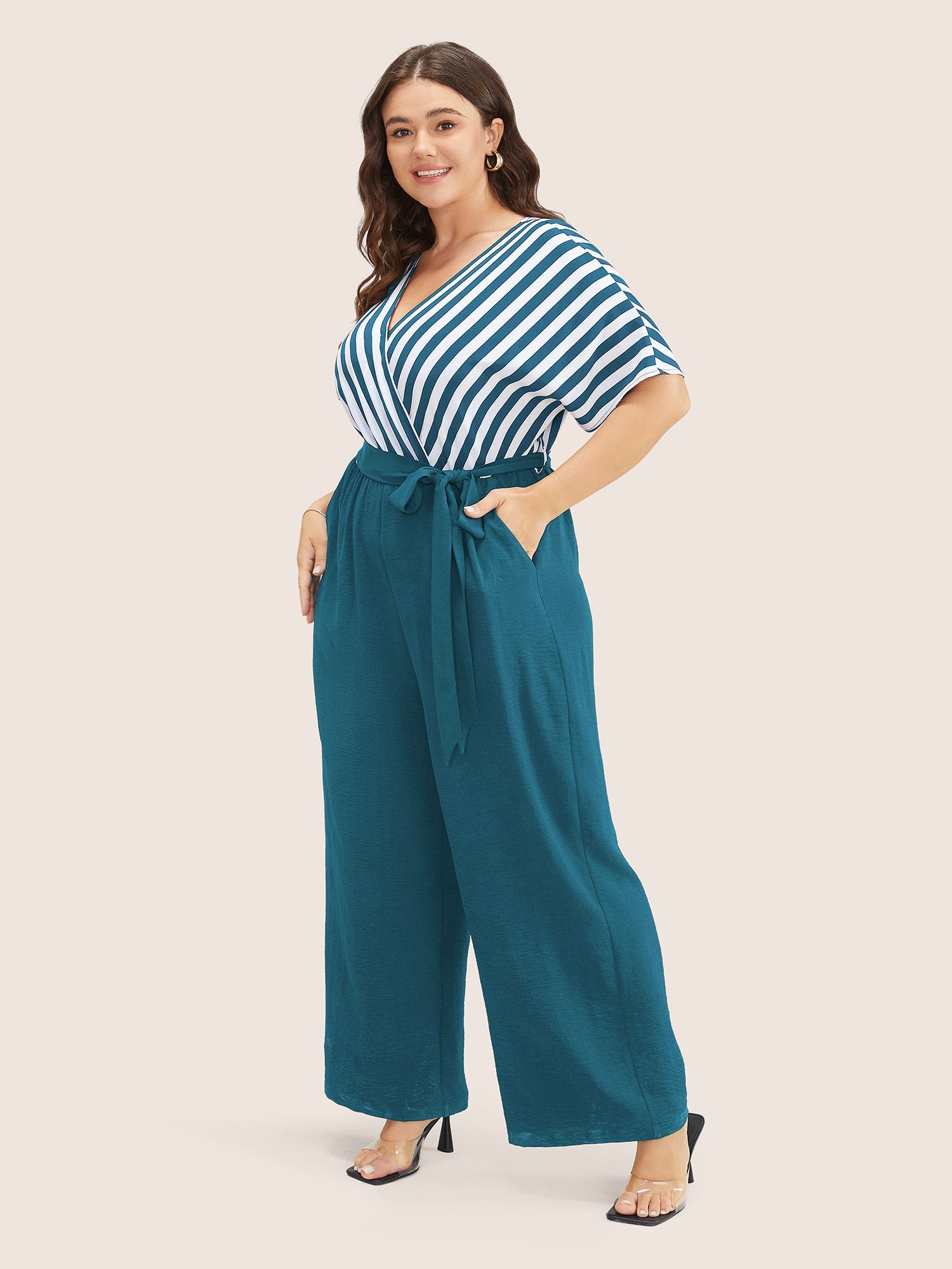 Striped Patchwork Pocket Batwing Sleeve Belted Wrap Jumpsuit