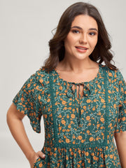 Rayon Floral Print Neck Tie Pockets Maxi Dress