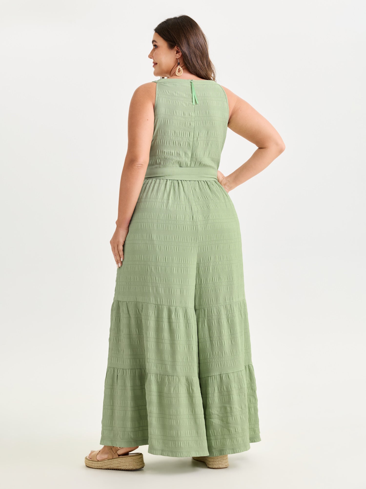 Sheer Lace Neckline Ruffled Hem Jumpsuit