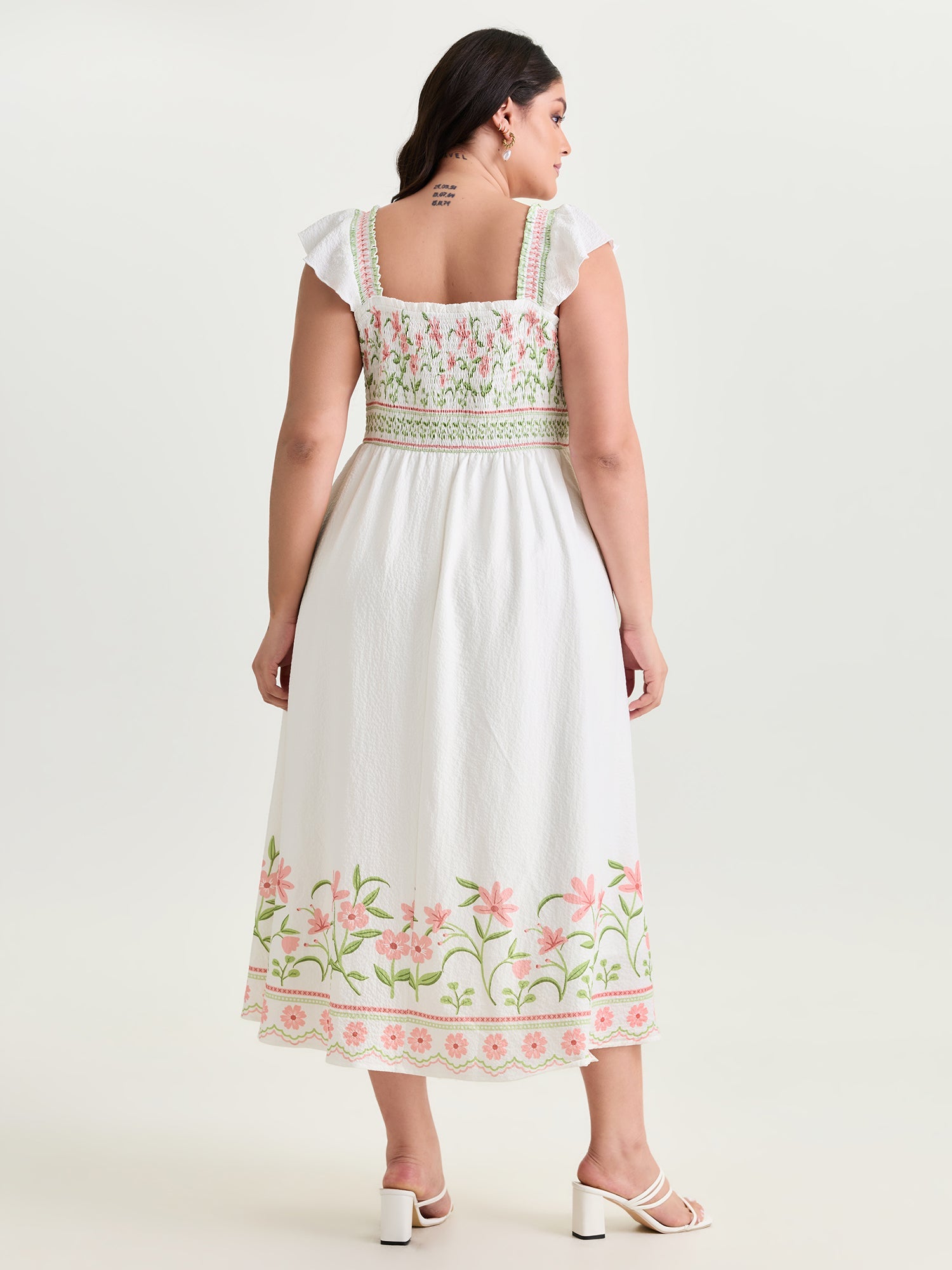 Floral Print Shirred Bodice Midi Dress