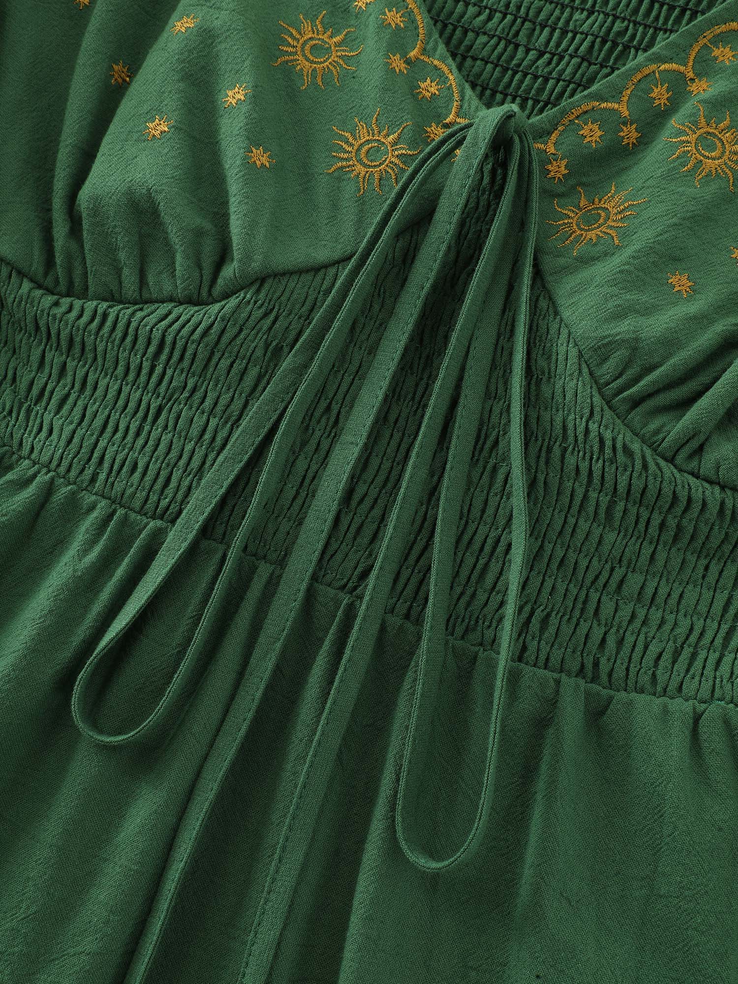 Cotton Embroidered V-Neckline Midi Dress