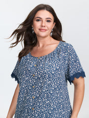 Floral Print Buttons Lace Sleeve Blouse