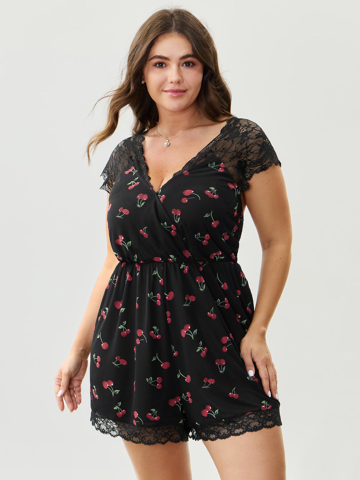 Sweet Cherry Lace Sleeve Lounge Romper
