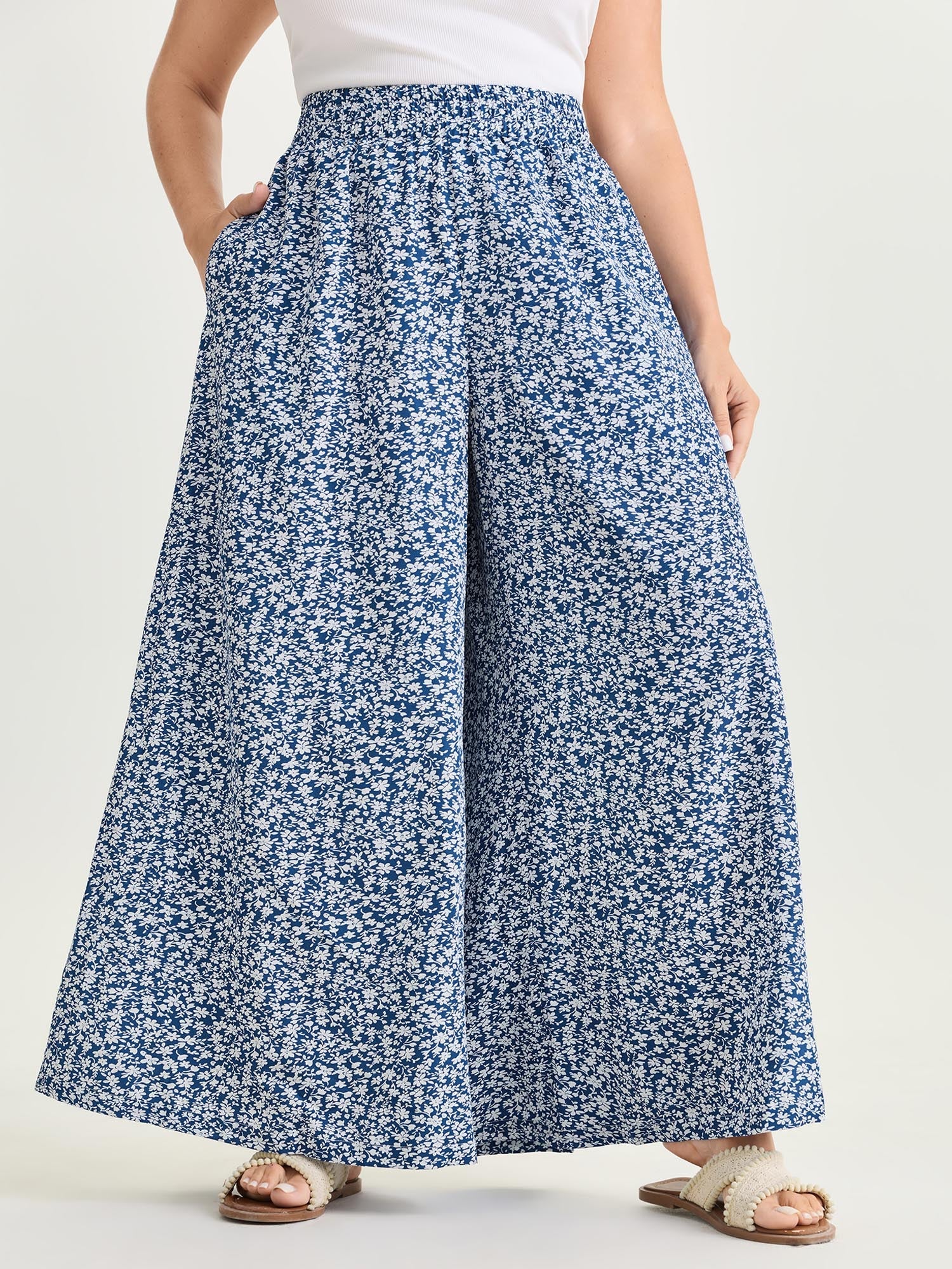 Micro Floral Print Wide-Leg Pants