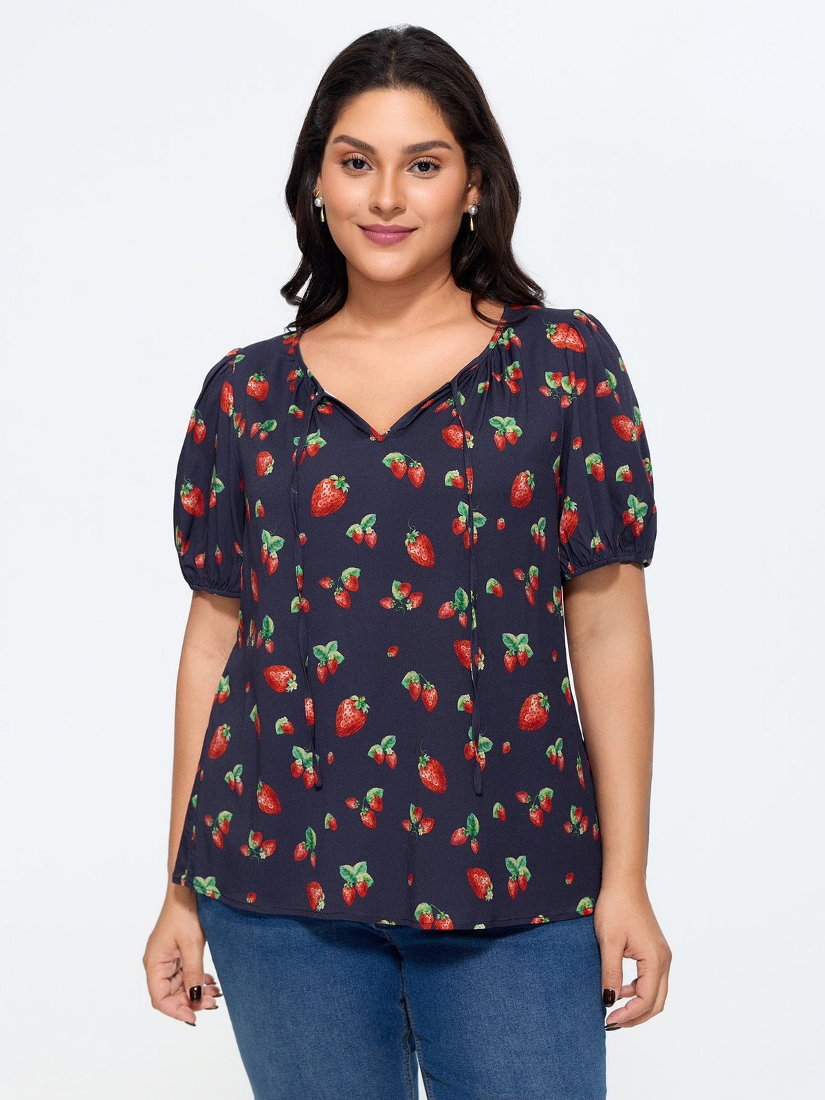 Strawberry Print V Neck Bubble Sleeve Blouse