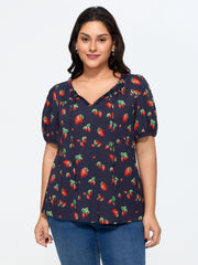 Strawberry Print V Neck Bubble Sleeve Blouse