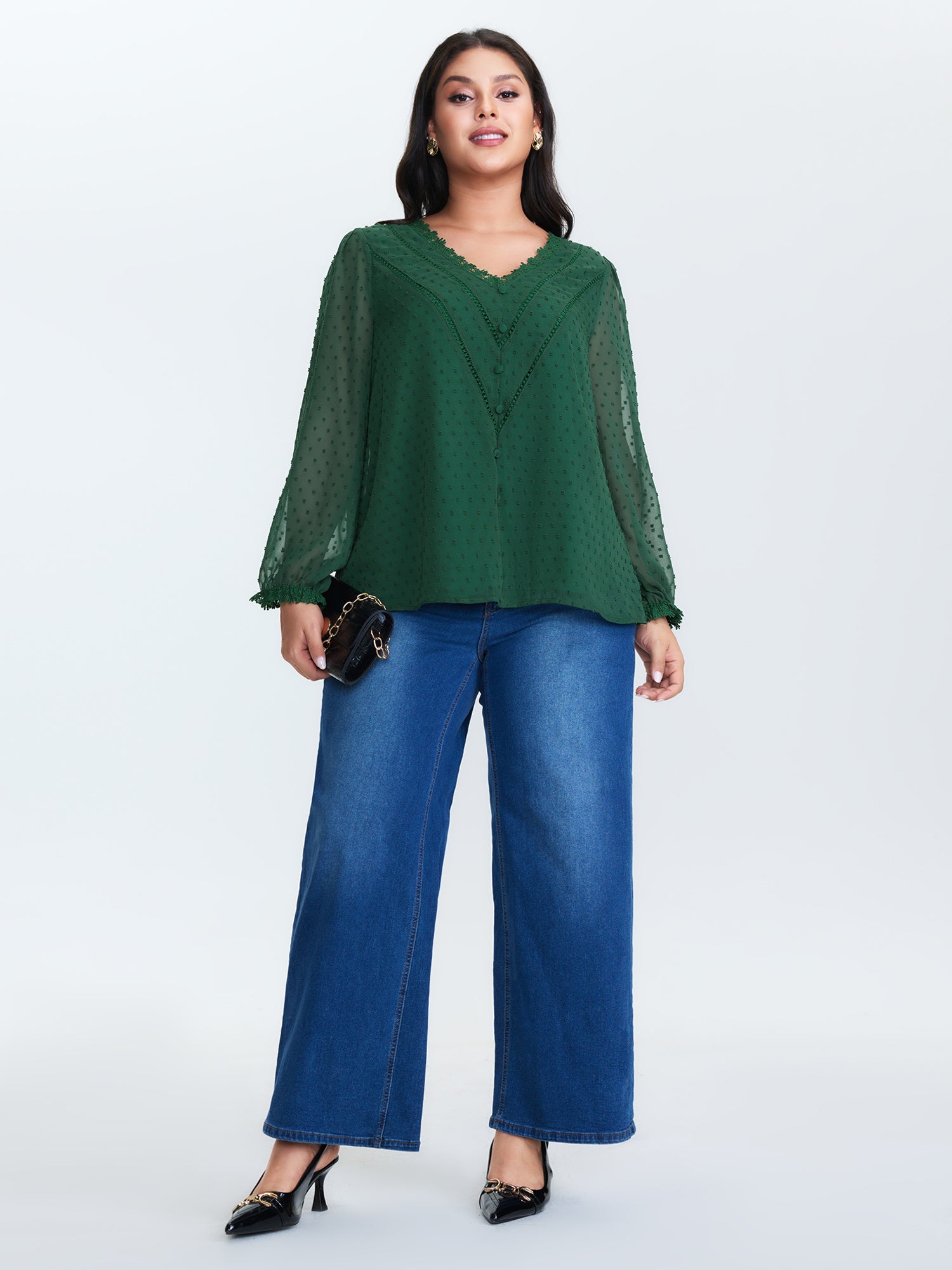 Jacquard Lace Trim V-Neck Blouse
