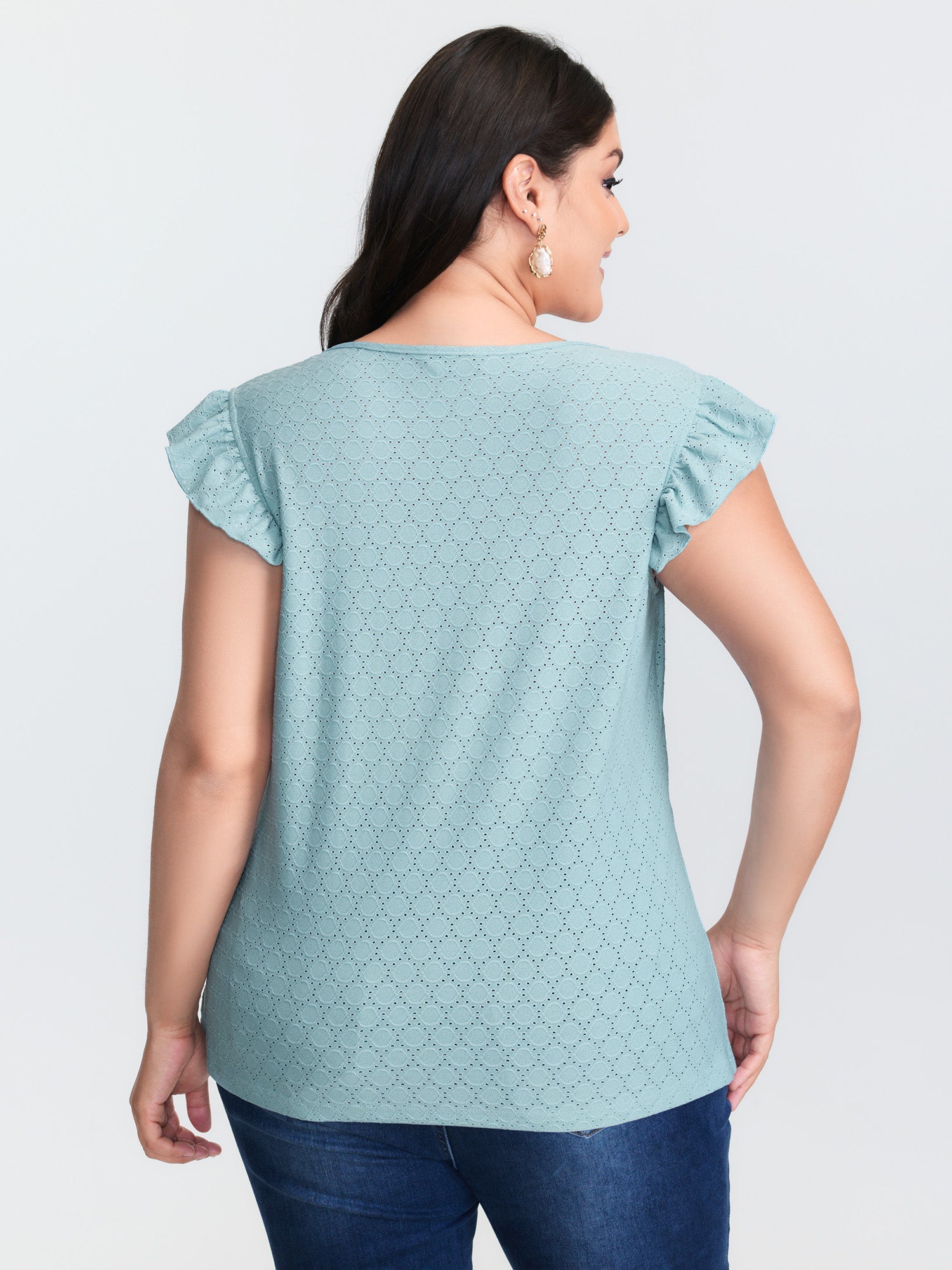 Textured Lace Trim Flutter Sleeve T-Shirt