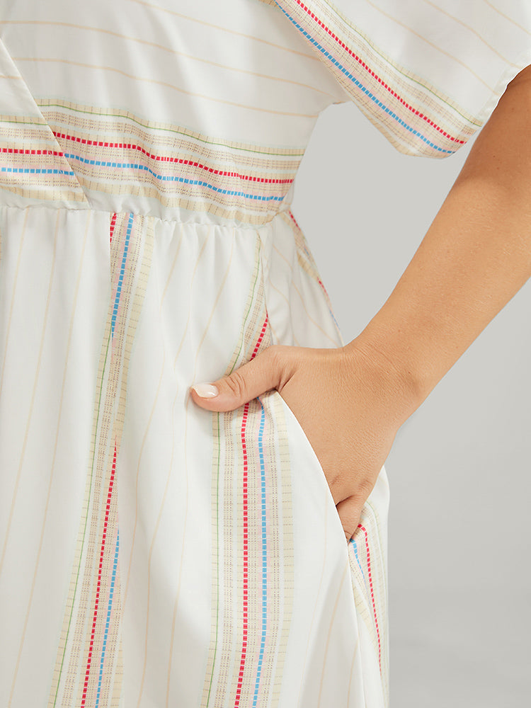 Striped Contrast Flutter Hem Dolman Sleeve Pocket Split Wrap Dress