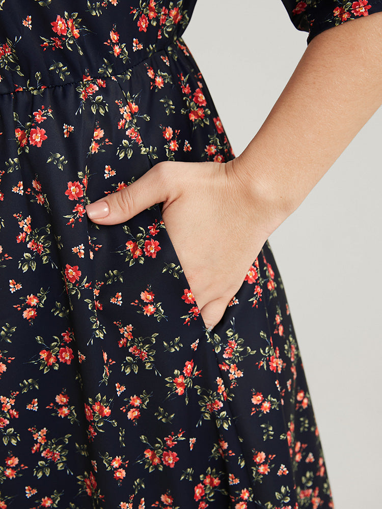 Ditsy Floral Frill Trim Tie Neck Pocket Arc Hem Dress