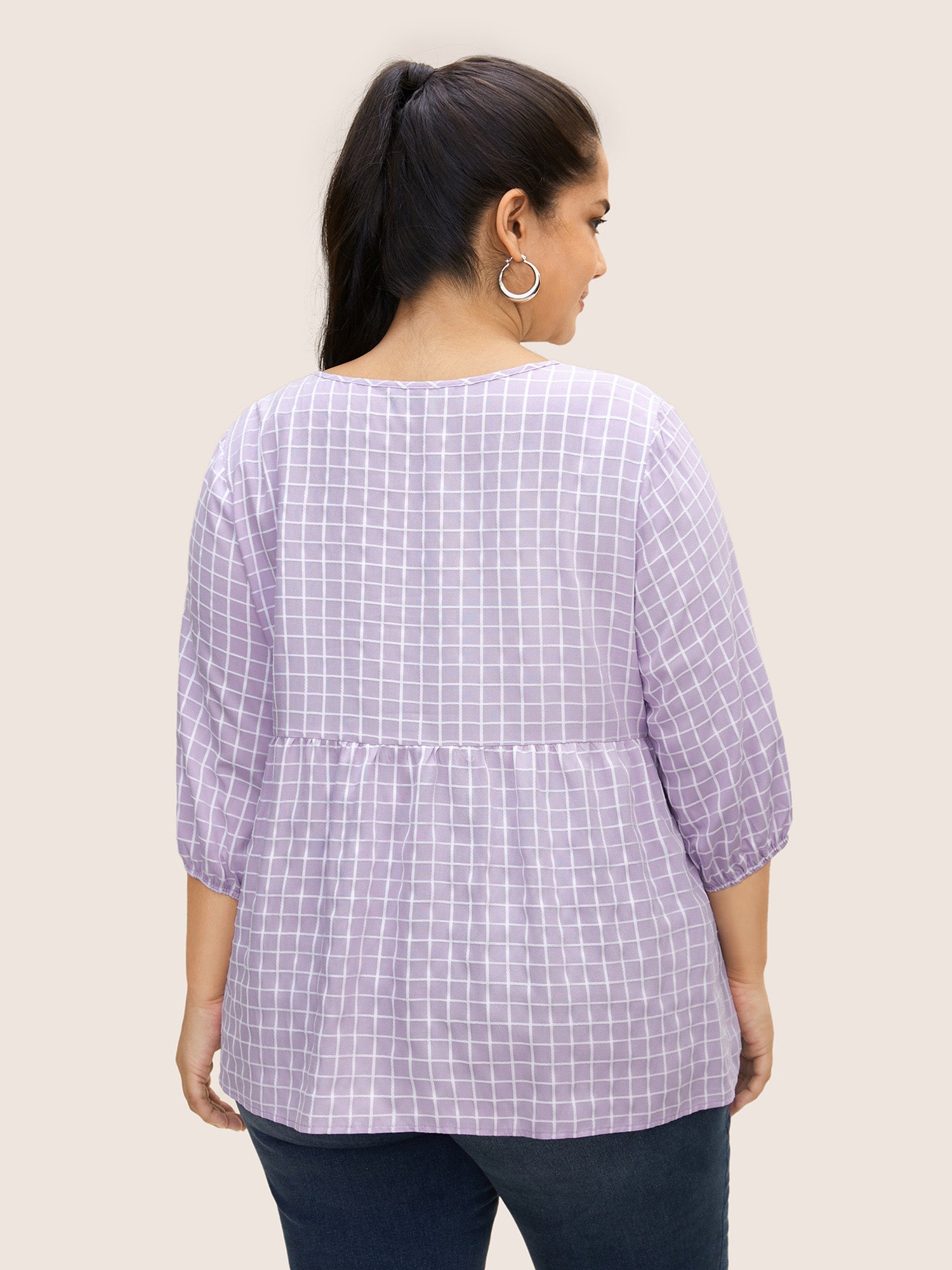 Gingham Patchwork Lantern Sleeve Blouse