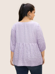 Gingham Patchwork Lantern Sleeve Blouse