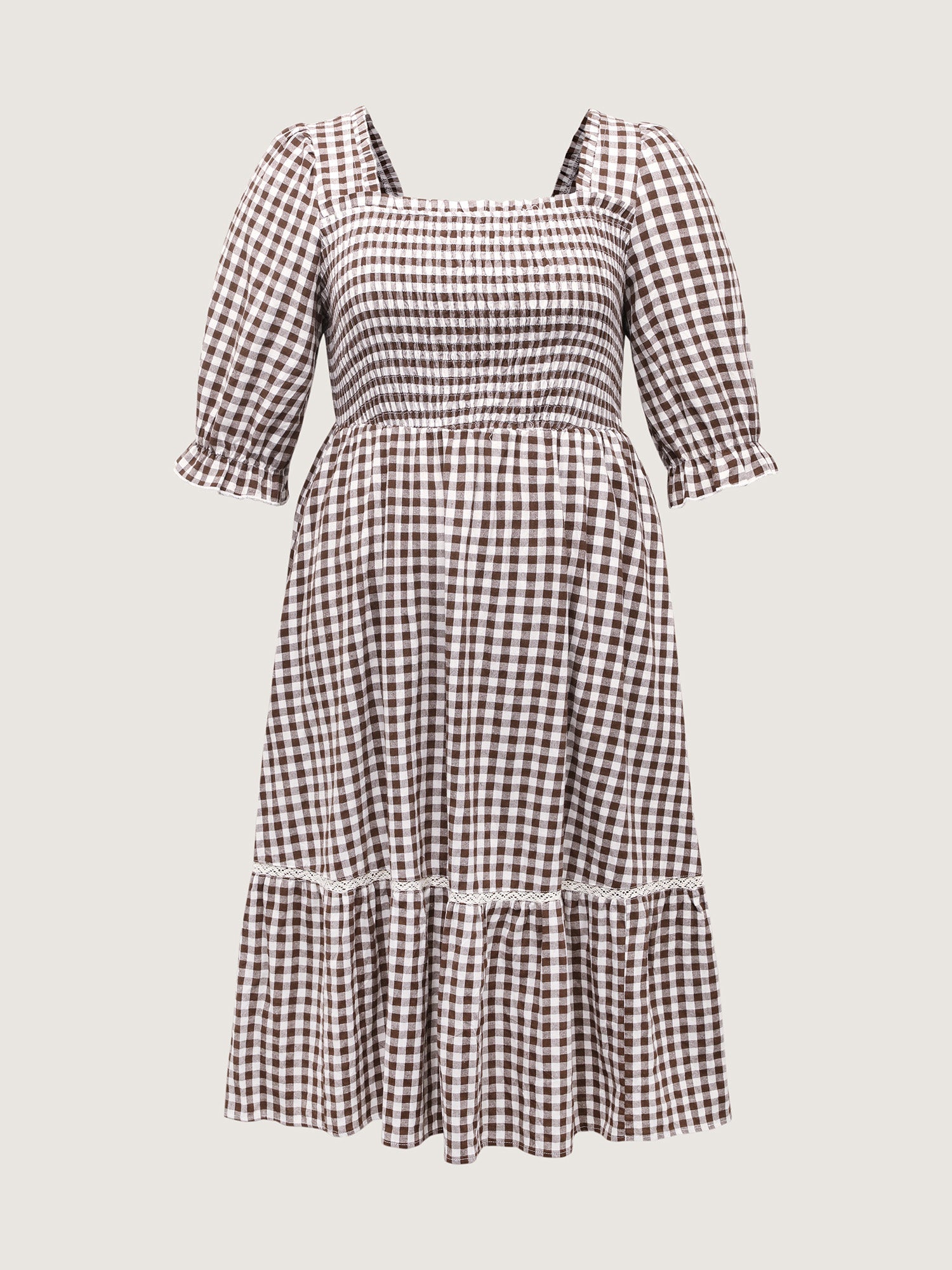 Gingham Lace Shirred Tiered Midi Dress