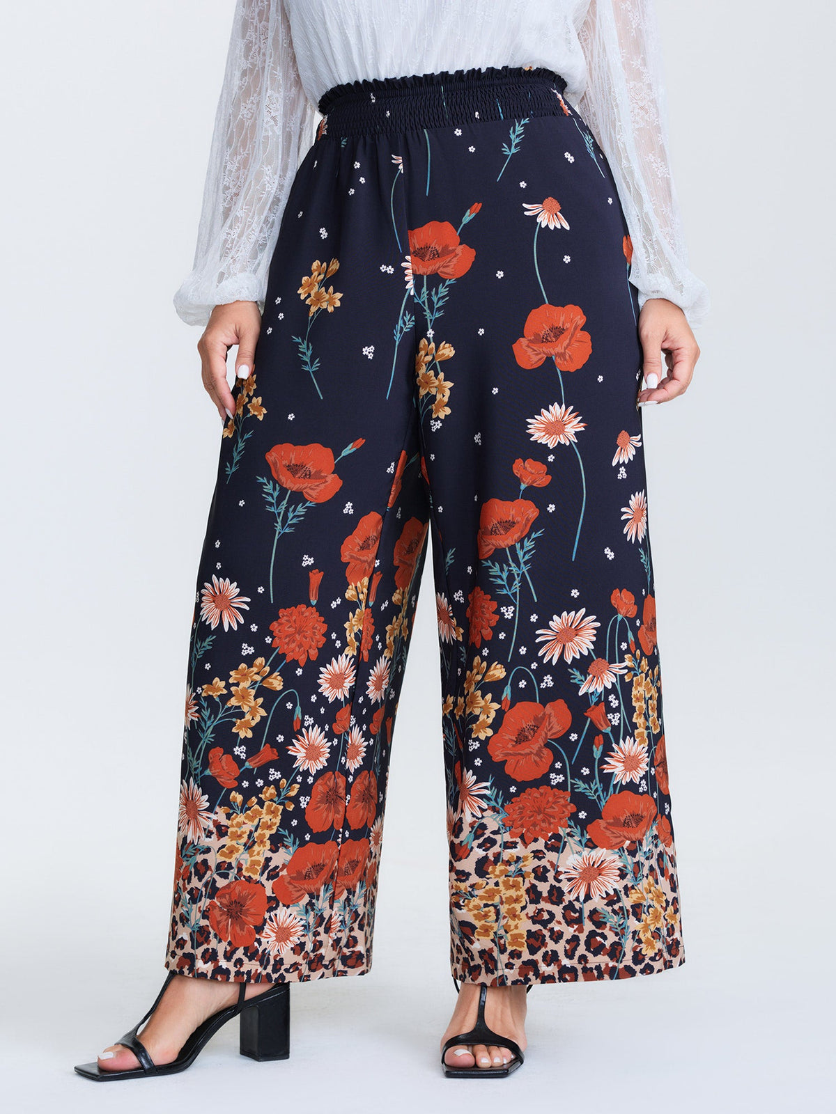 Floral Print Shirred Waist Wide Leg Pants