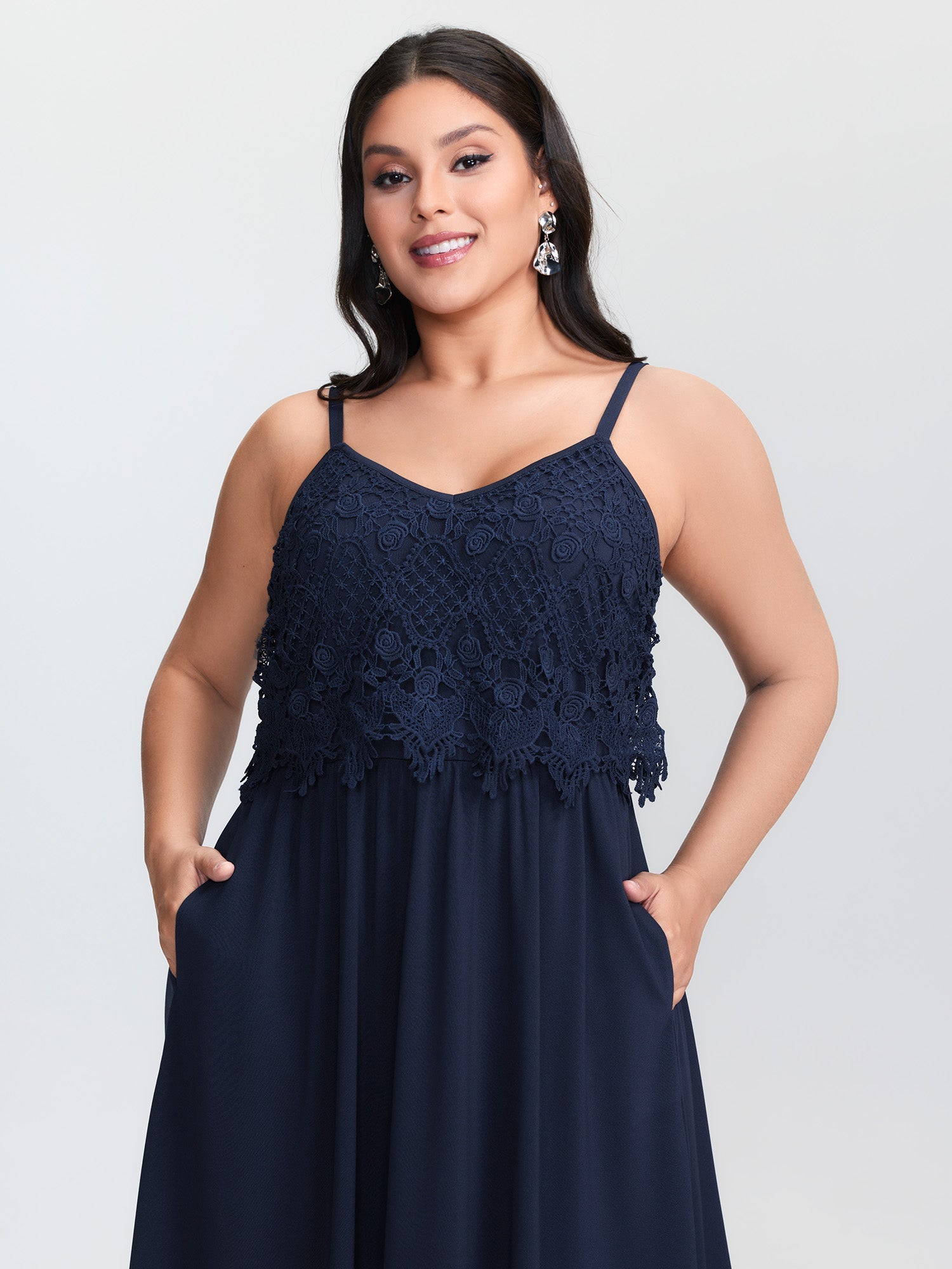 Lace Patchwork Pockets Flowy Midi Dress