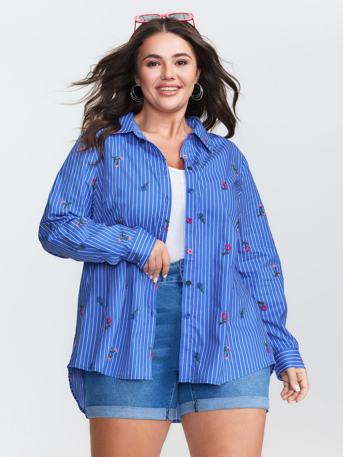 Cotton Floral Embroidered Striped Button-Down Shirt
