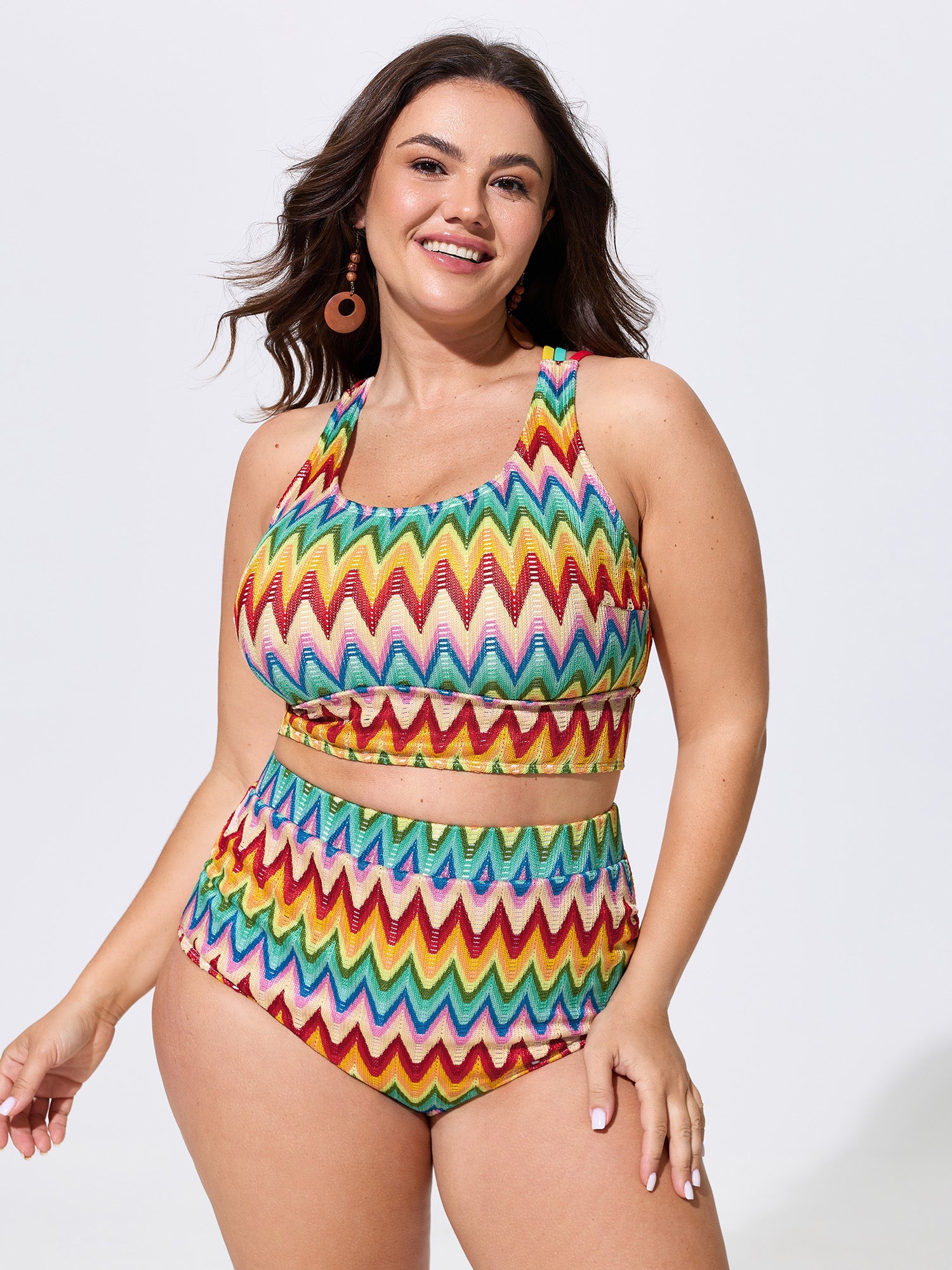 Wavy Colorful Textured Triple Strap Swim Top