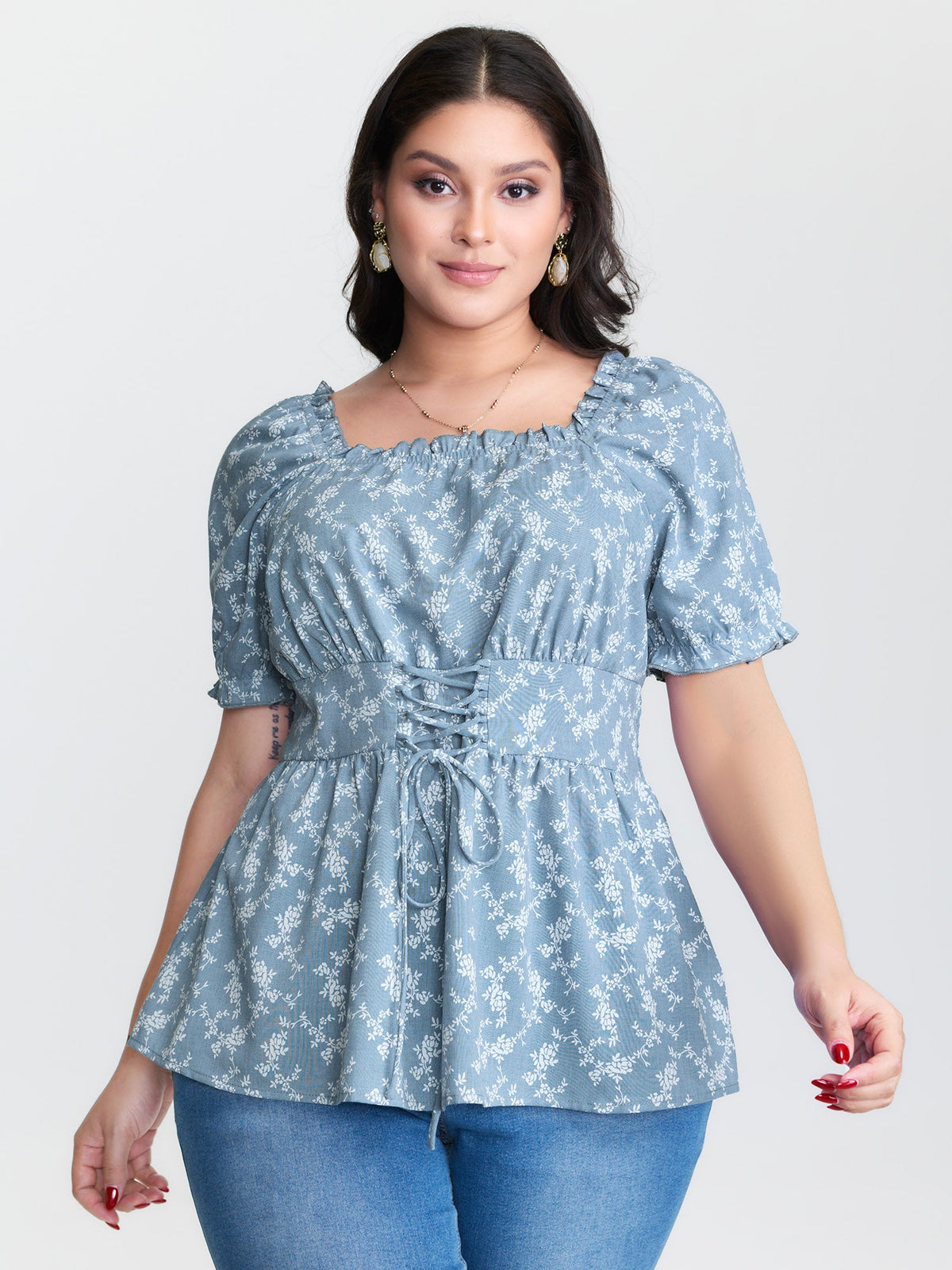 Ditsy Floral Front-Tie Shirred Blouse