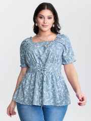 Ditsy Floral Front-Tie Shirred Blouse
