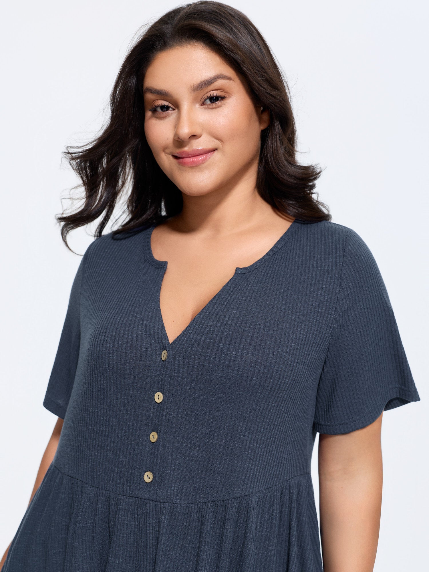 Stretchy Notched Collar Button Detail Knit Top