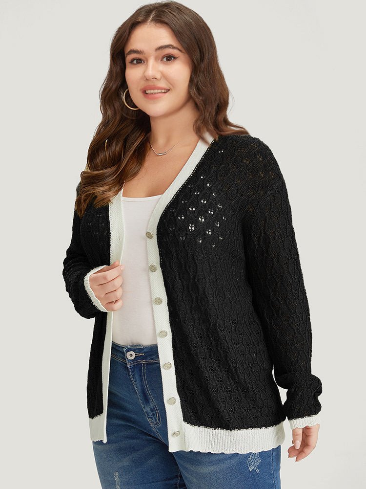 Two Tone Patchwork Cut Out Button Down Cardigan