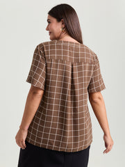 Checkered Notched Collar Panel Back Blouse