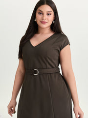 Backless Belted V-Neck Plain Midi Dress