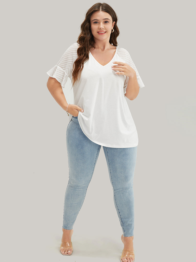 Plain Geometric Mesh Raglan Sleeve Ruffle Trim T-shirt