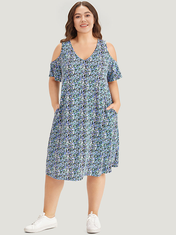 Ditsy Floral Pocket Cold Shoulder Dress