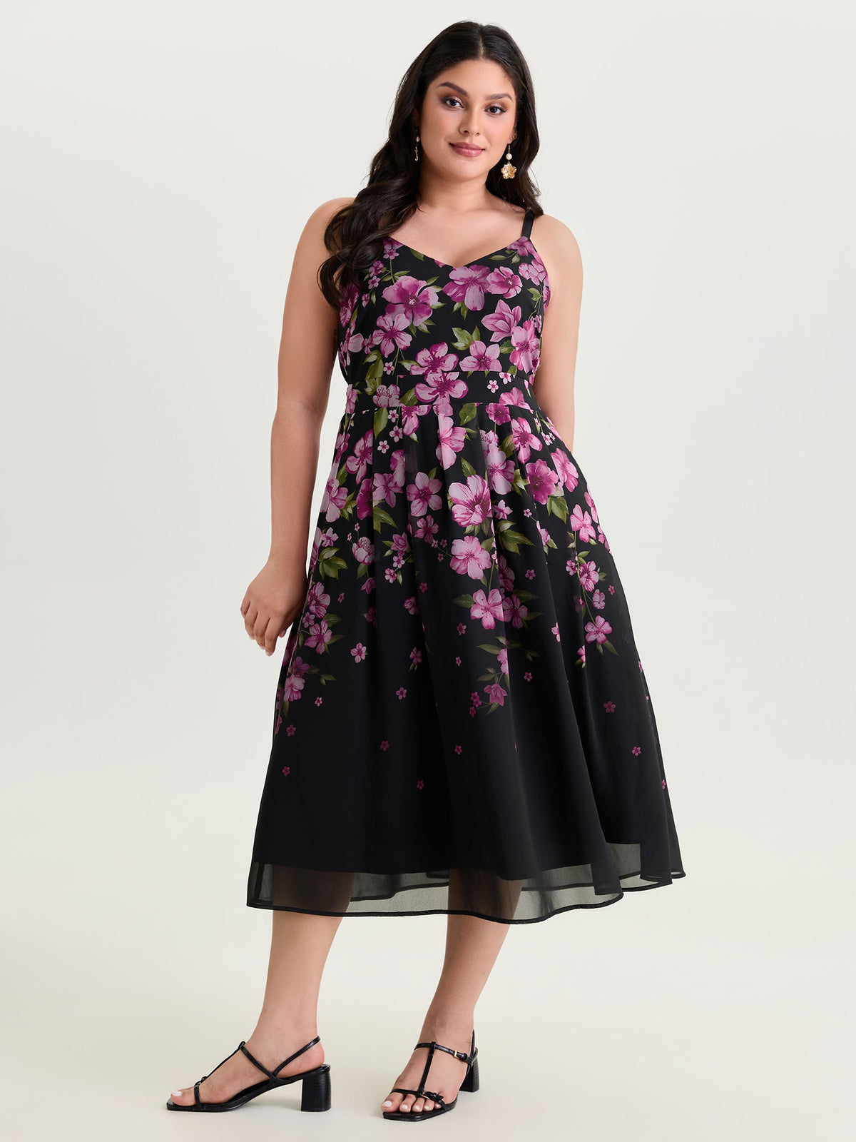 Sweet Floral Print Shirred Cami Midi Dress