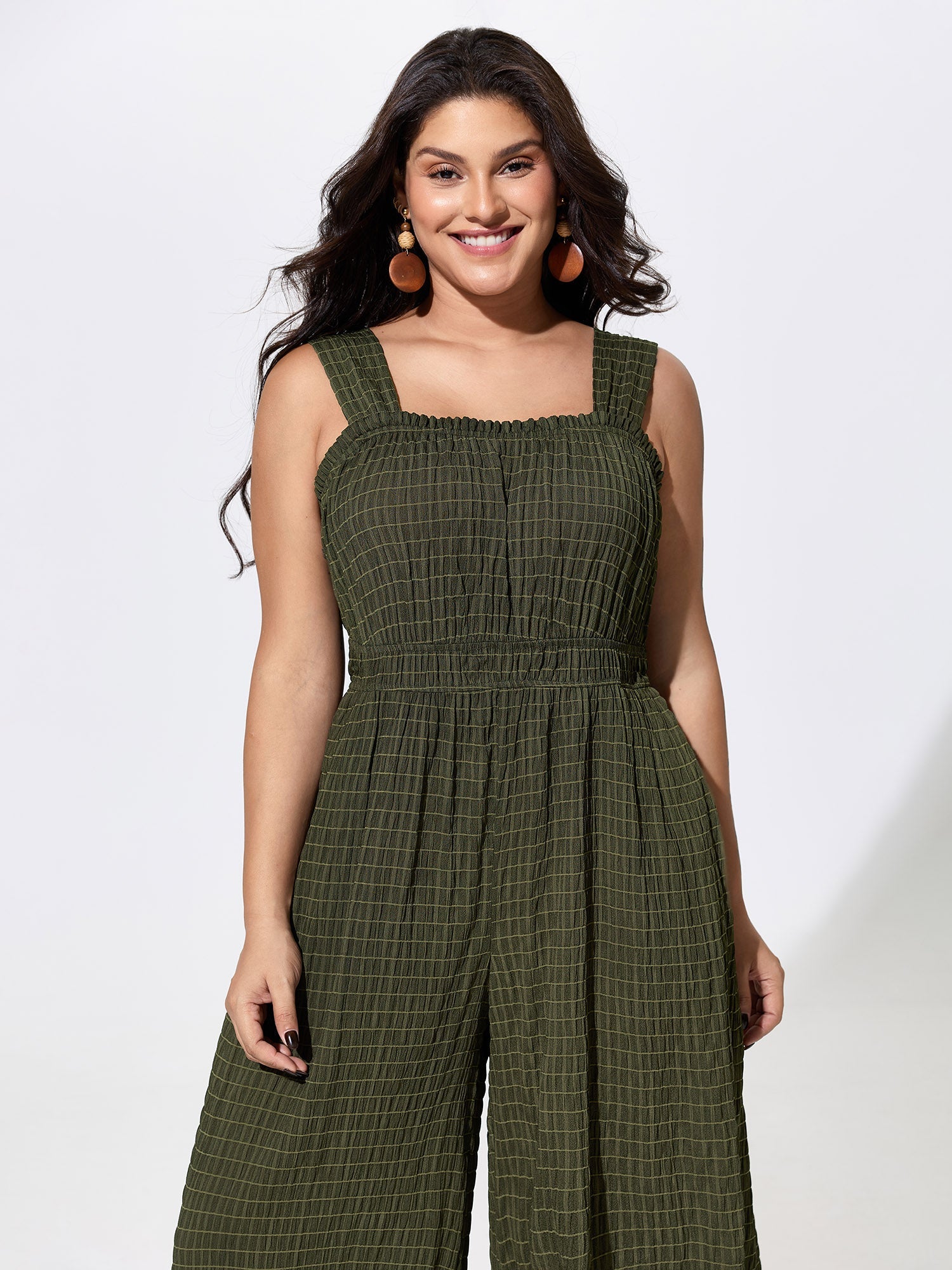 Textured Wide Straps Shirred Waist Jumpsuit