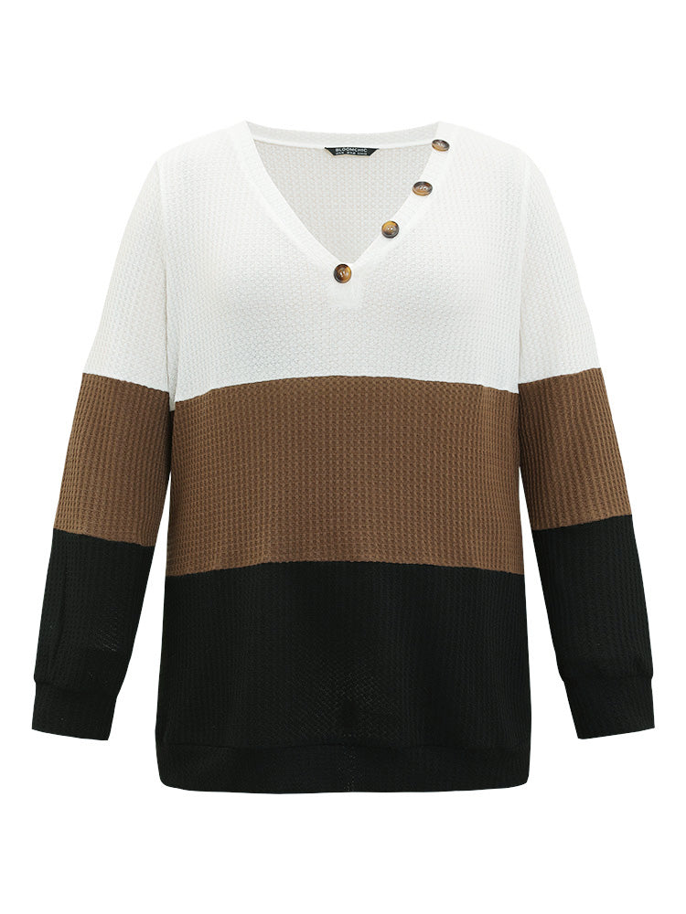 Waffle Knit Patchwork Button Detail Contrast Sweatshirt