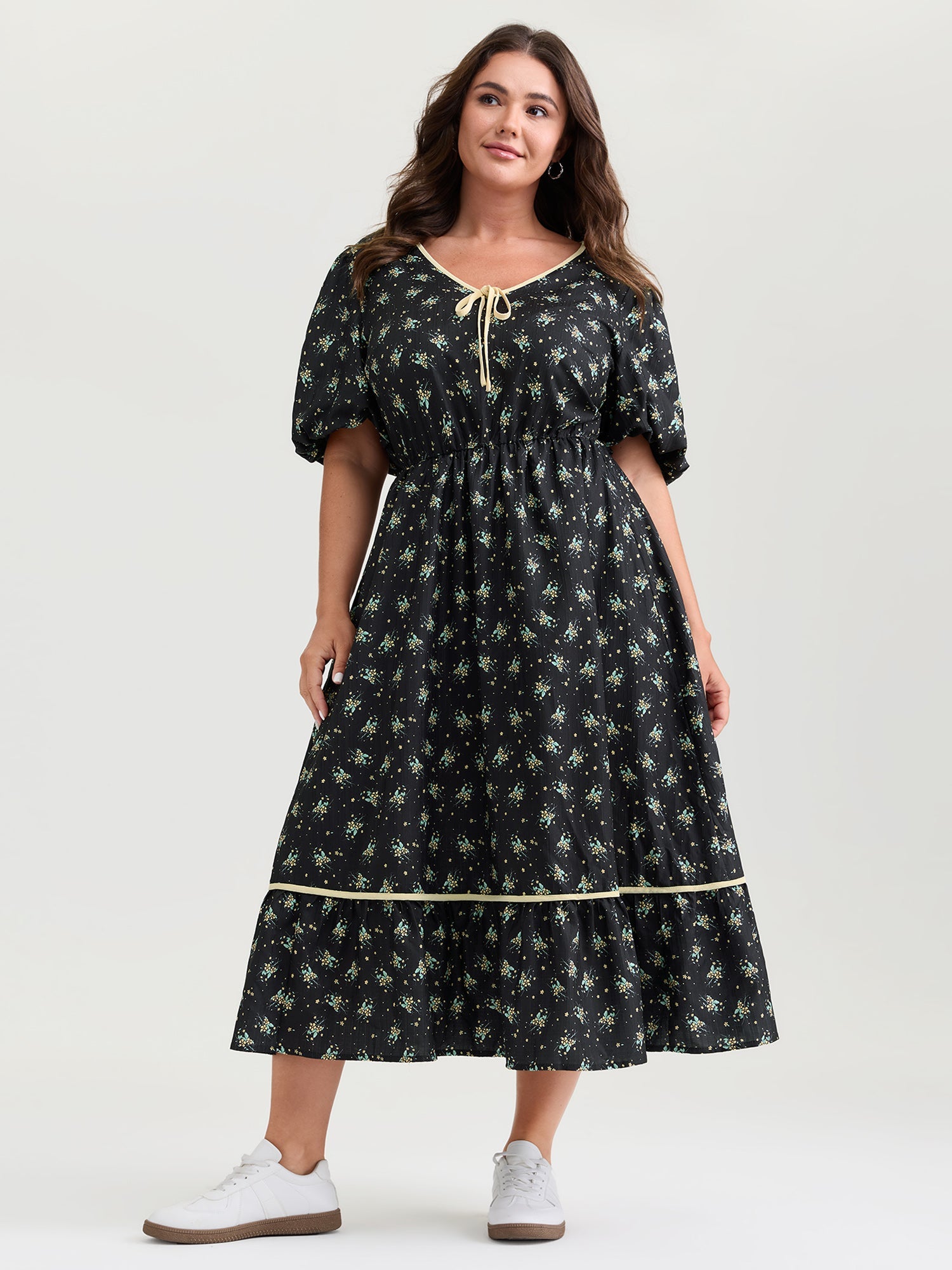 Floral Print Neck Tie Contrast Midi Dress