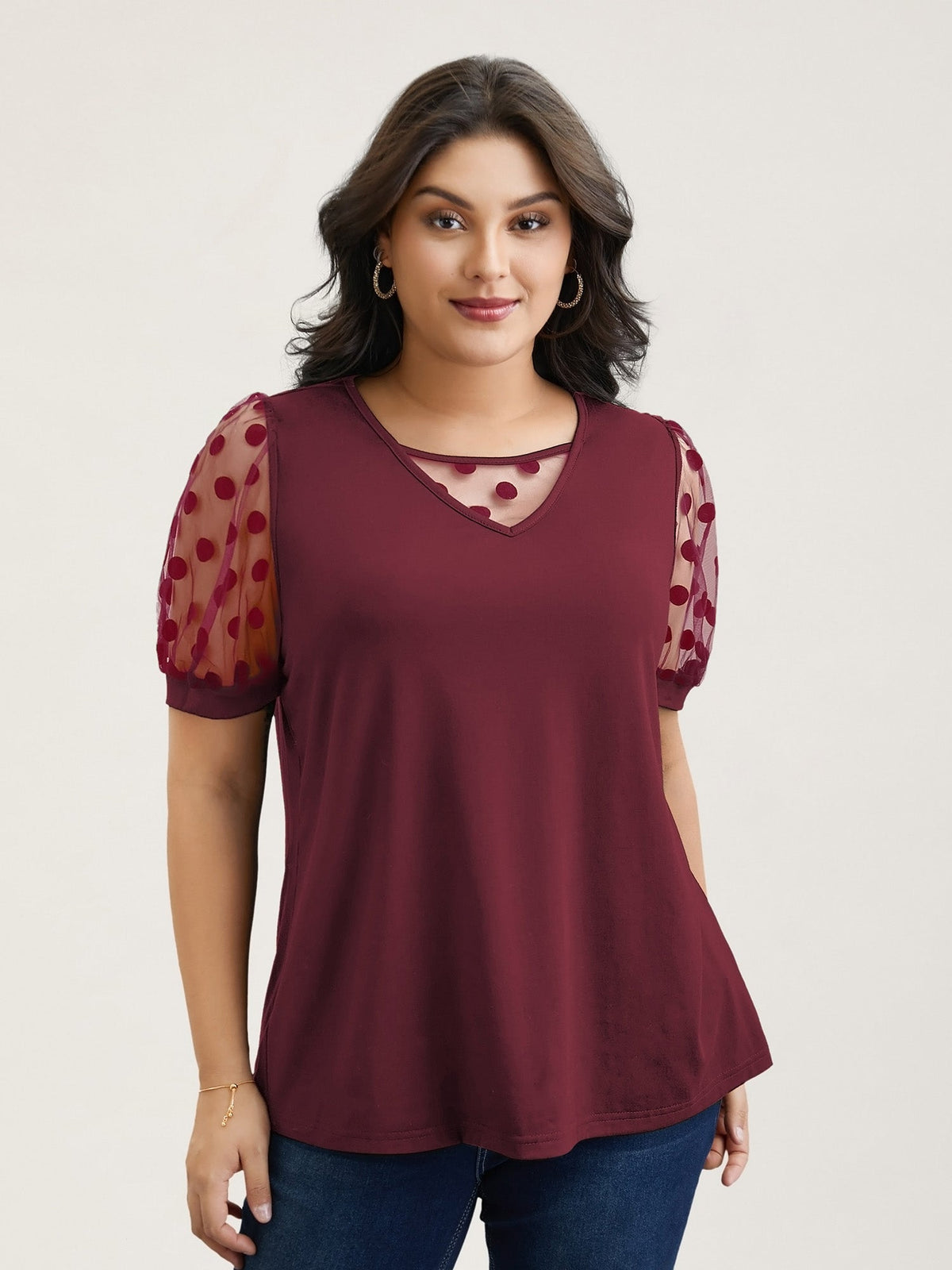 Sheer Sleeves Textured Polka Dots Stretchy Top