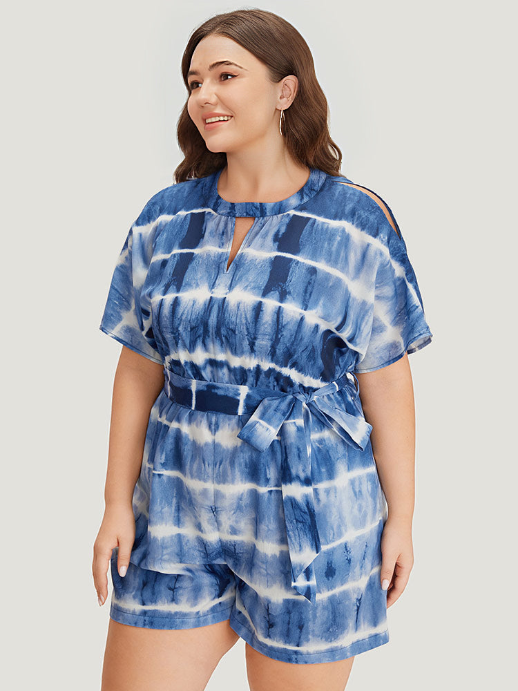 Tie Dye Keyhole Belted Batwing Sleeve Romper