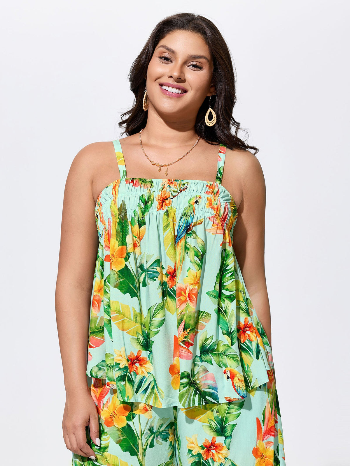 Tropical Breeze Print Shirred Neckline Tank Top