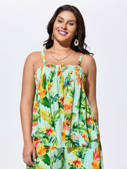 Tropical Breeze Print Shirred Neckline Tank Top