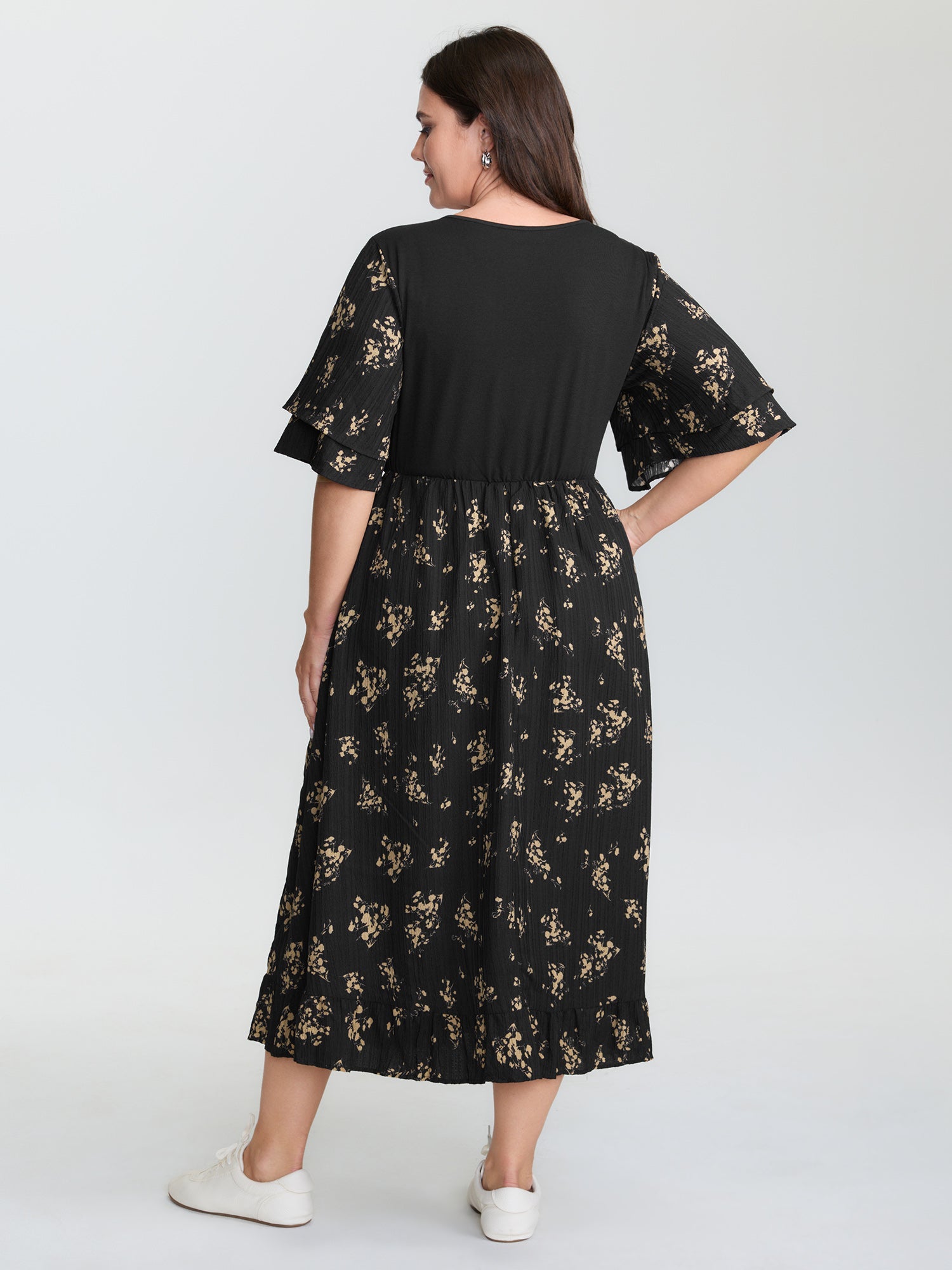 Floral Shirred Color Contrast Midi Dress