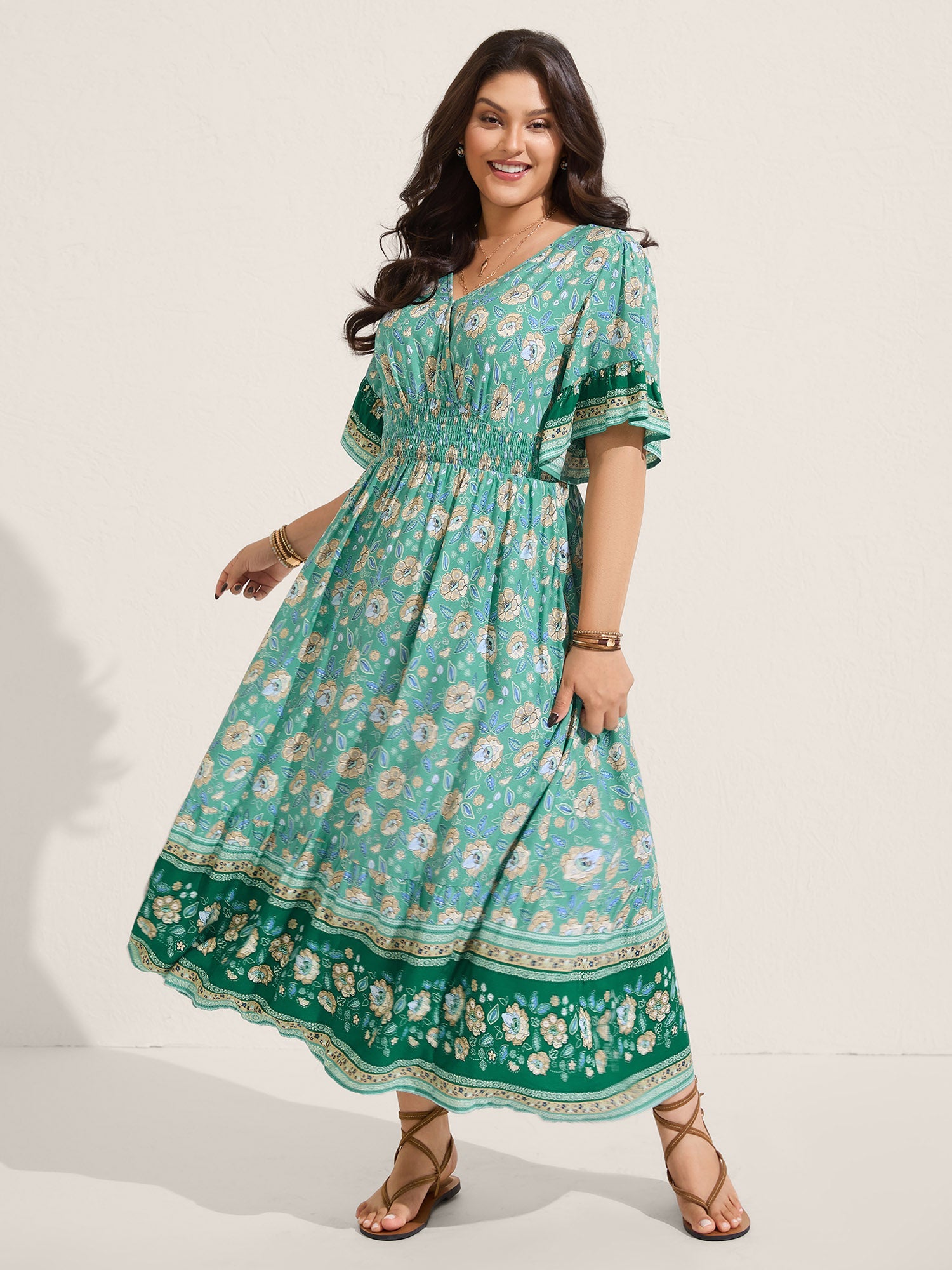Floral Bell Sleeve Shirred Waist Maxi Dress