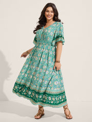 Floral Bell Sleeve Shirred Waist Maxi Dress