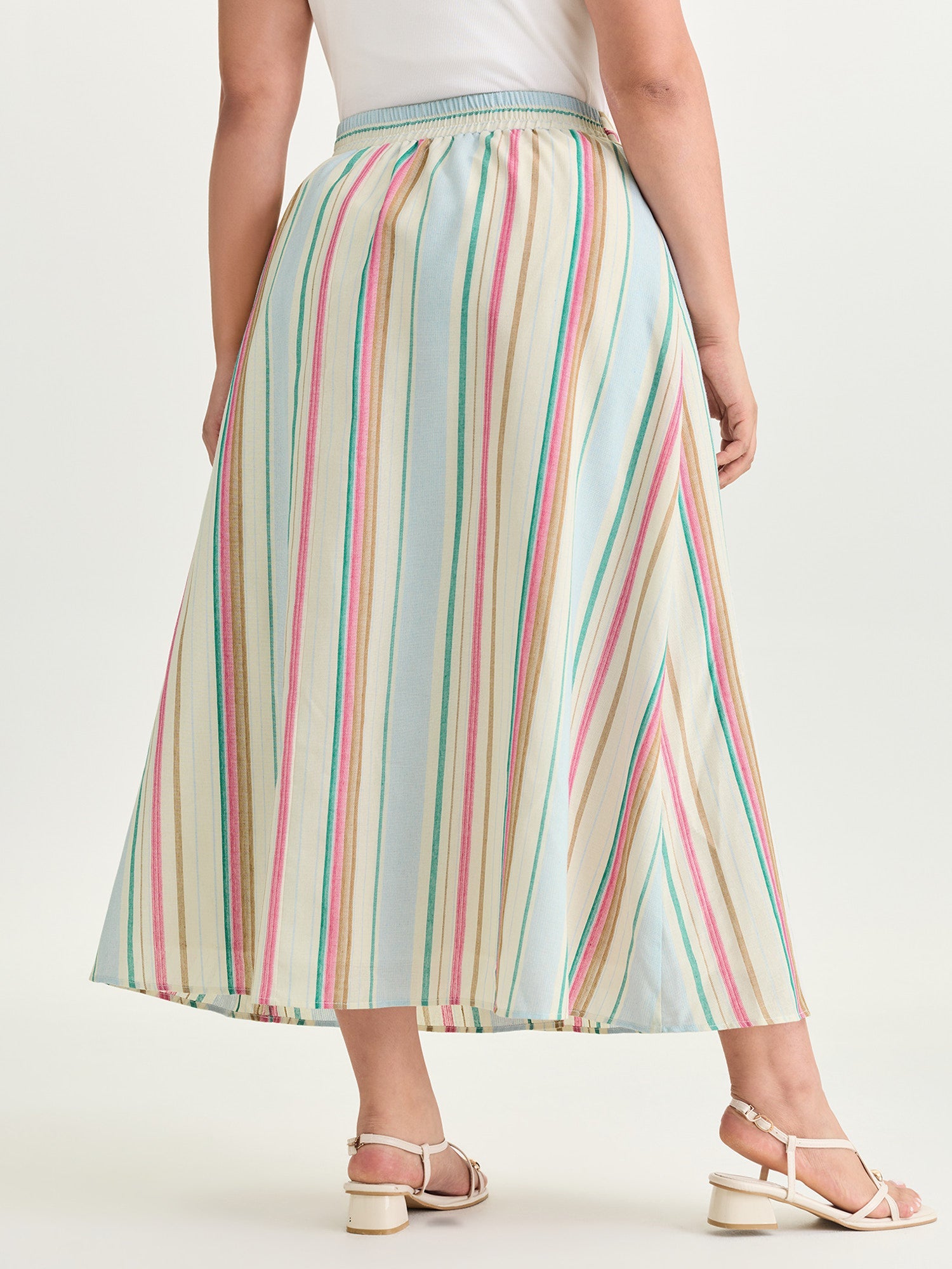 Cotton Striped Print Waist-Tie Maxi Skirt