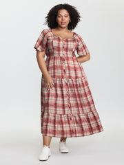 Plaid Flutter Sleeve Button Tiered Midi Dress