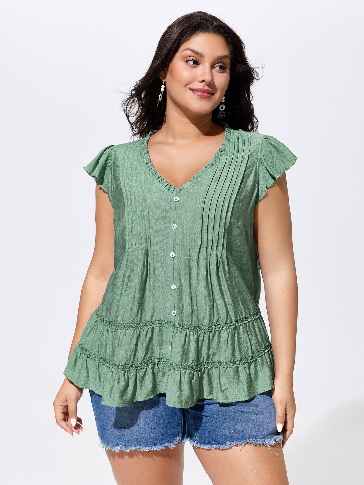 Everyday Pleated Lace Trim Blouse