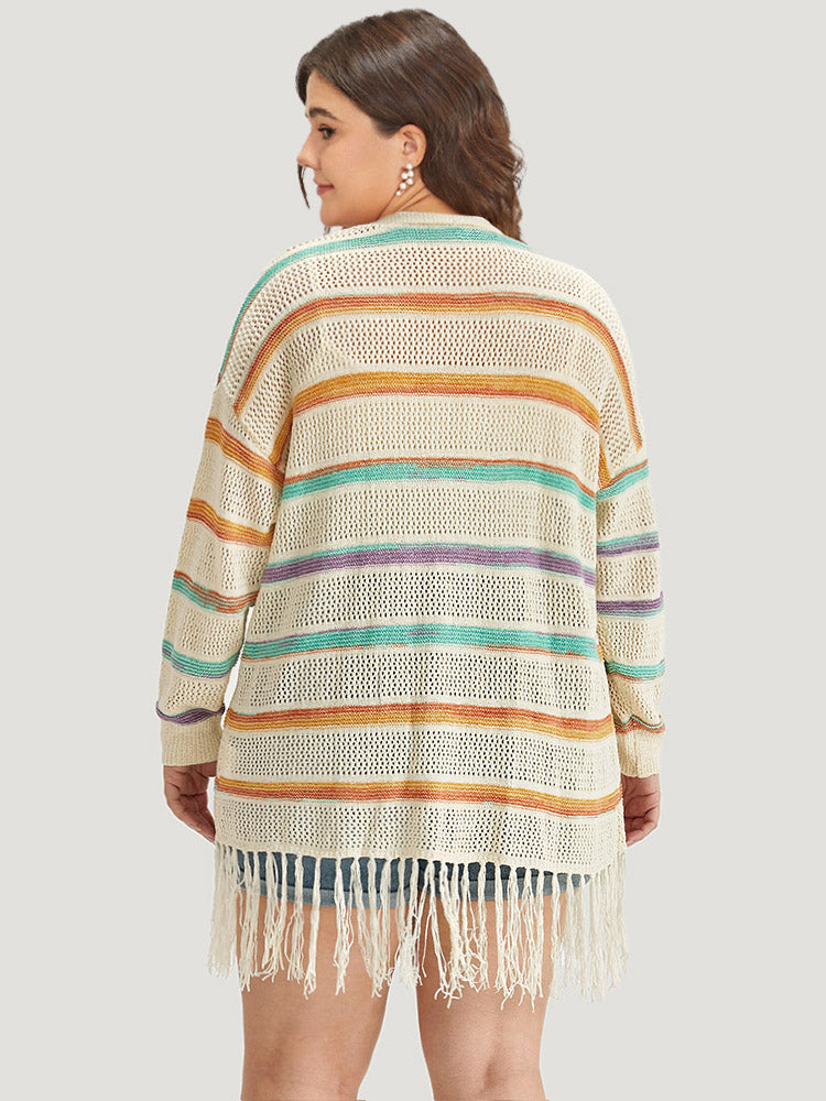 Rainbow Striped Fringe Trim Open Front Cardigan