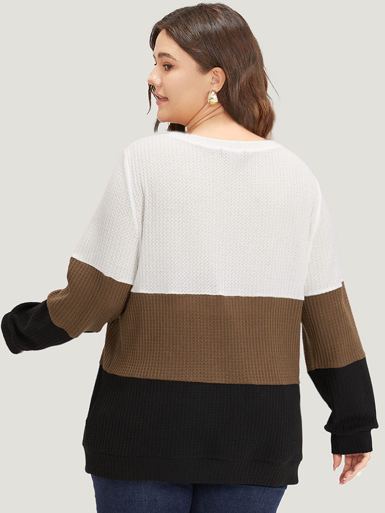 Waffle Knit Patchwork Button Detail Contrast Sweatshirt