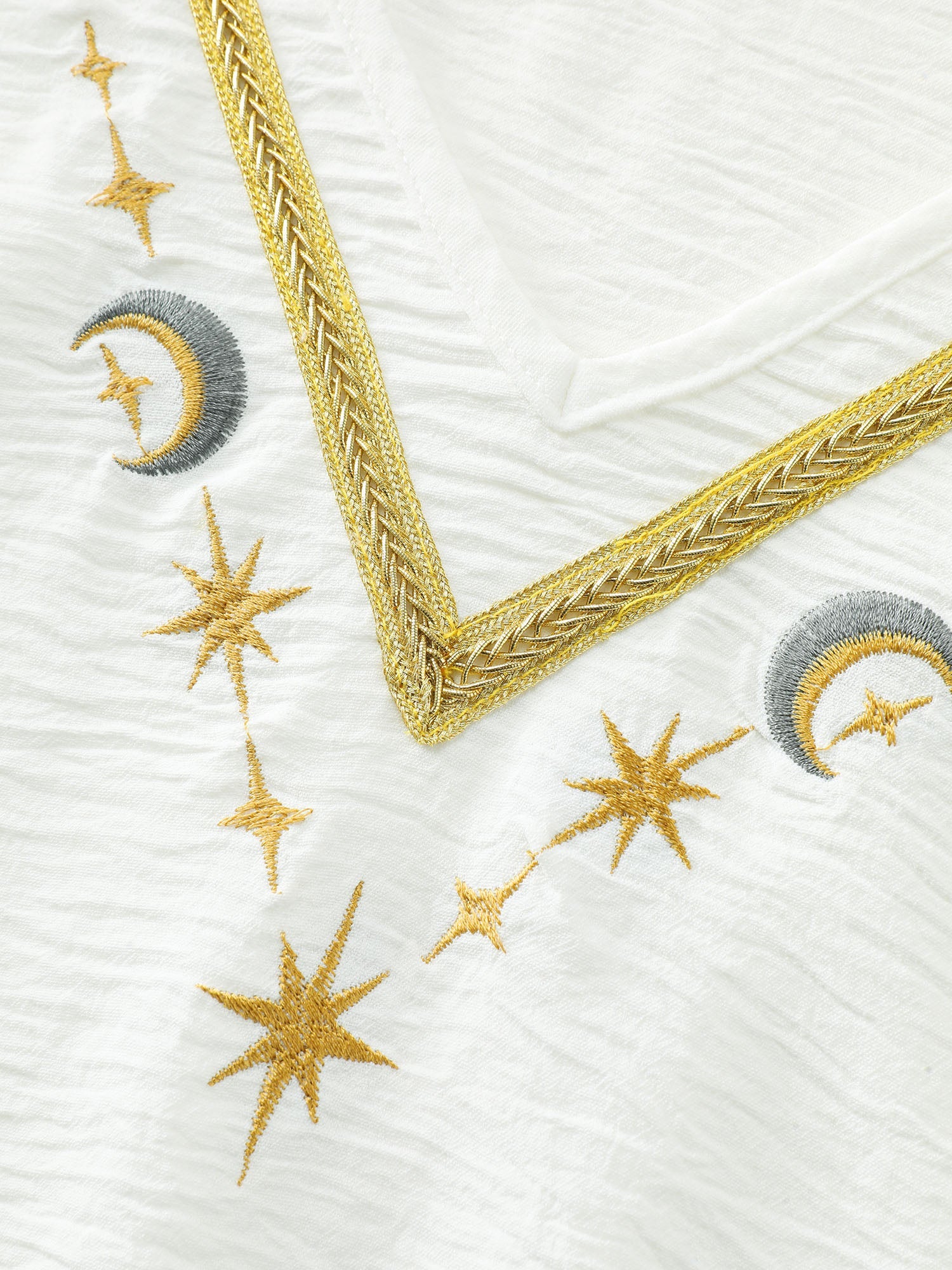 Star Moon Embroidered Neckline Flared Blouse
