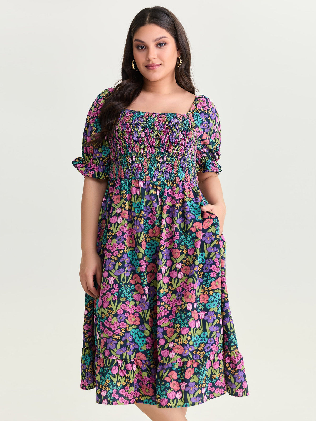 Playful Floral Print Shirred Midi Dress