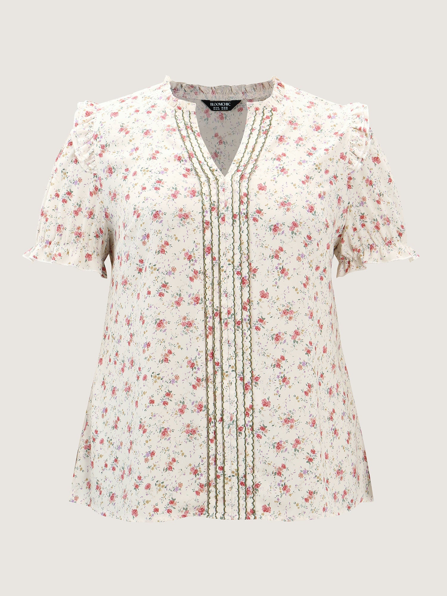 Floral Print Shirred Cuff Sleeve Contrast Blouse