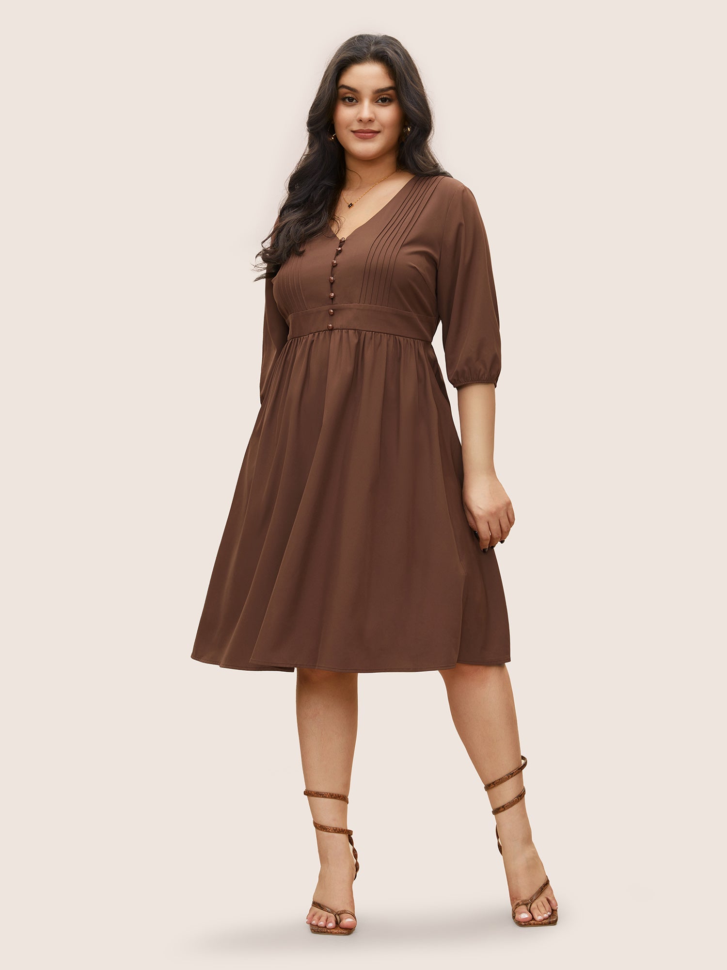 Solid Pleated Button Detail Lantern Sleeve Dress